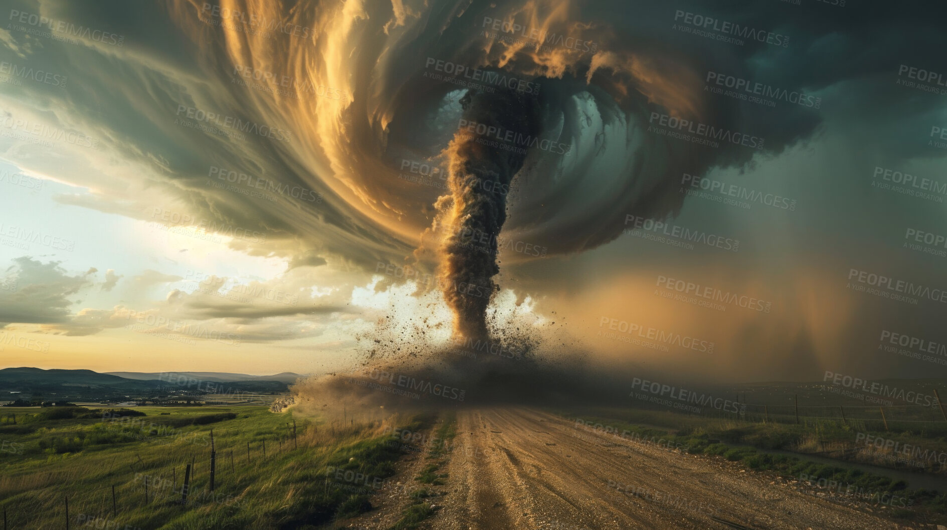 Buy stock photo Tornado, storm and farm with clouds of hurricane in nature, landscape and field with wind vortex in sky. Climate, devastation or typhoon outdoor with powerful cyclone or whirlwind in natural disaster