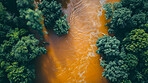 Trees, forest and water with flood in natural disaster for global warming, damage or stream. Nature, woods and dirty river with flow for climate change, environmental crisis or destruction from above