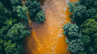 Buy stock photo Trees, forest and water with flood in natural disaster for global warming, damage or stream. Nature, woods and dirty river with flow for climate change, environmental crisis or destruction from above