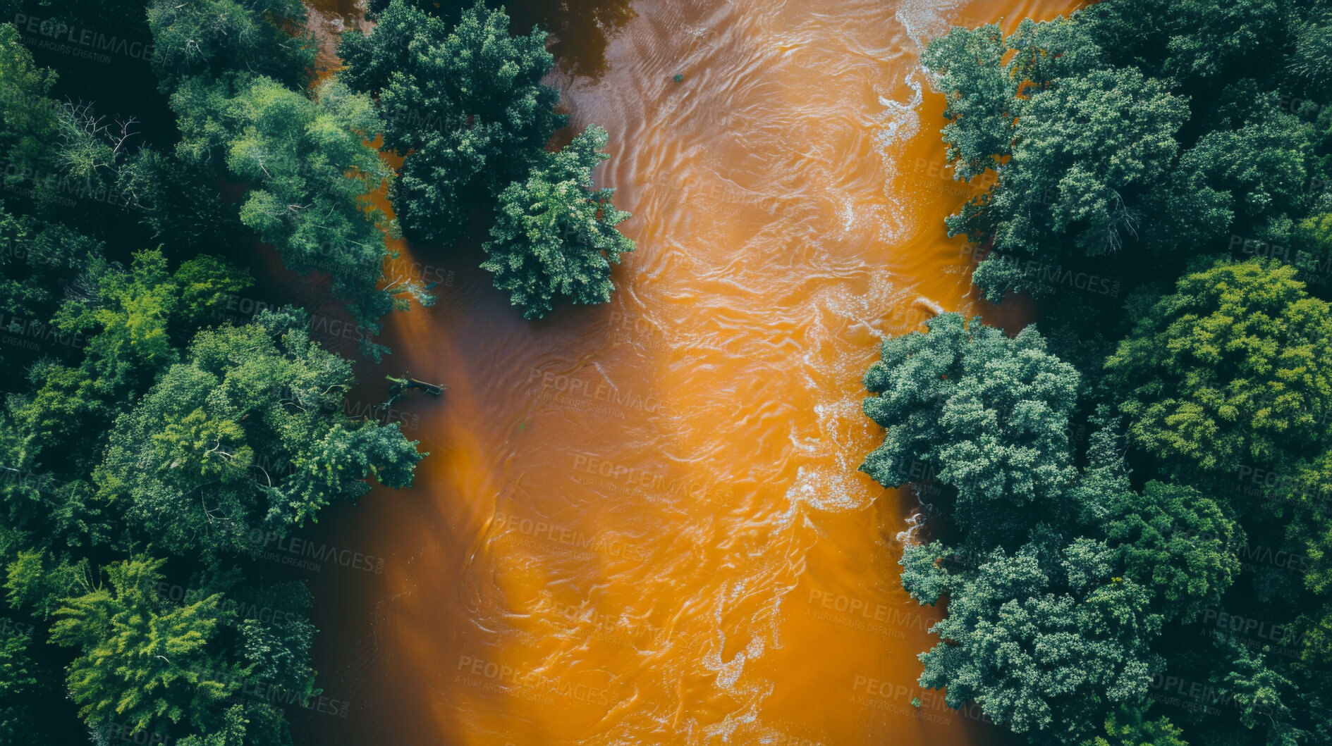 Buy stock photo Trees, forest and water with flood in natural disaster for global warming, damage or stream. Nature, woods and dirty river with flow for climate change, environmental crisis or destruction from above