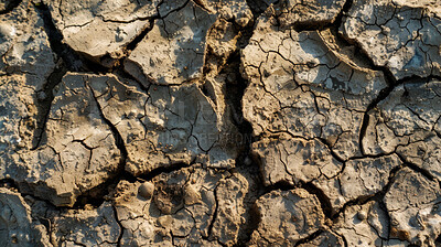 Dry, ground and drought or soil in natural disaster for climate change with cracks, top view or mud. Surface, sand and texture of environment as summer heatwave in Texas, desert or global warming