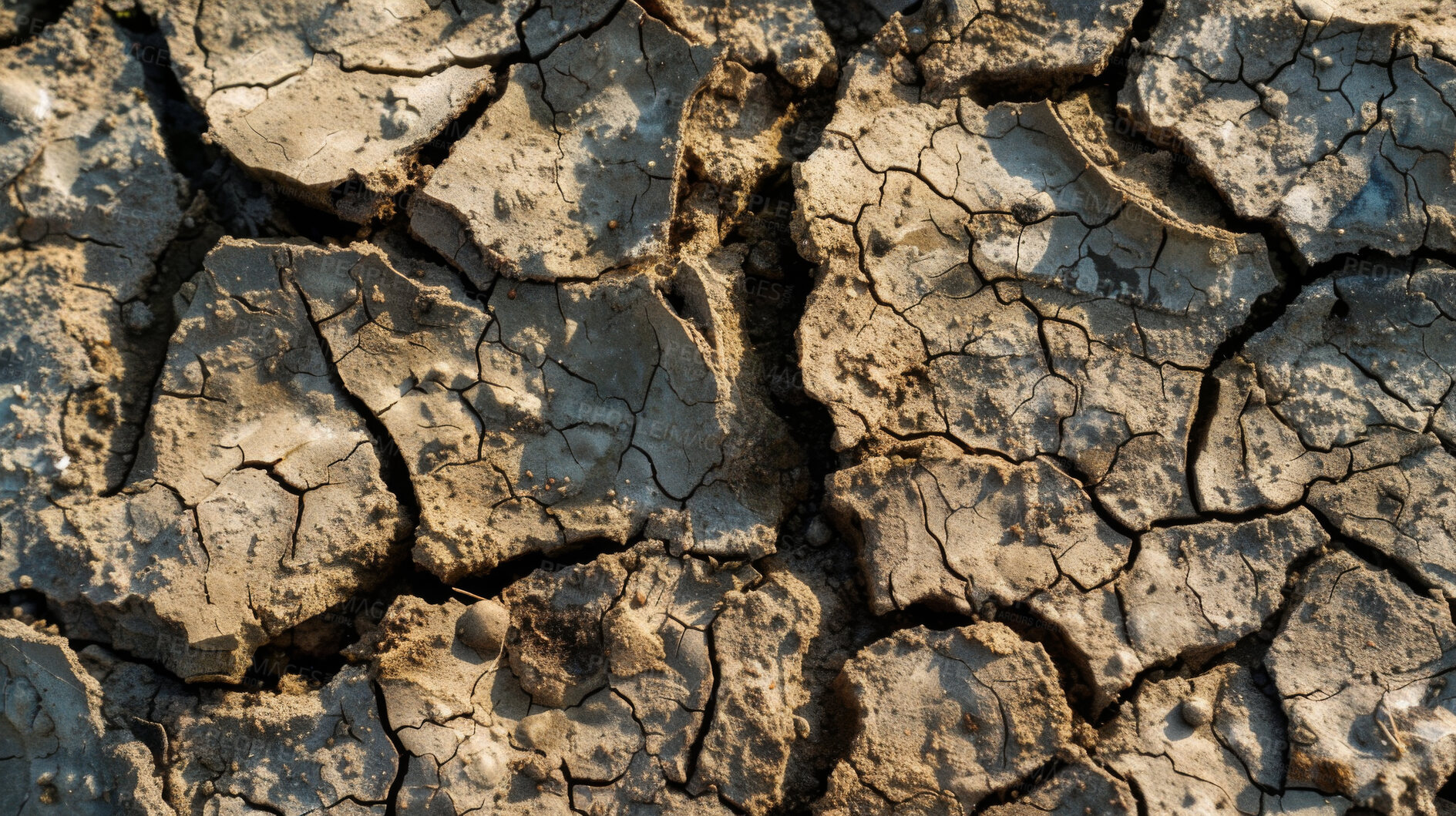 Buy stock photo Dry, ground and drought or soil in natural disaster for climate change with cracks, top view or mud. Surface, sand and texture of environment as summer heatwave in Texas, desert or global warming