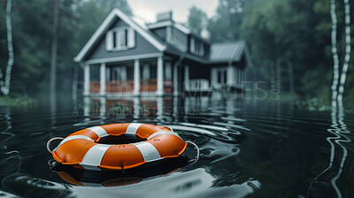 House, natural disaster and floods from storm or rain in winter weather and life buoy in Texas. Climate change, environment and water or hurricane with damage, crisis and emergency in countryside