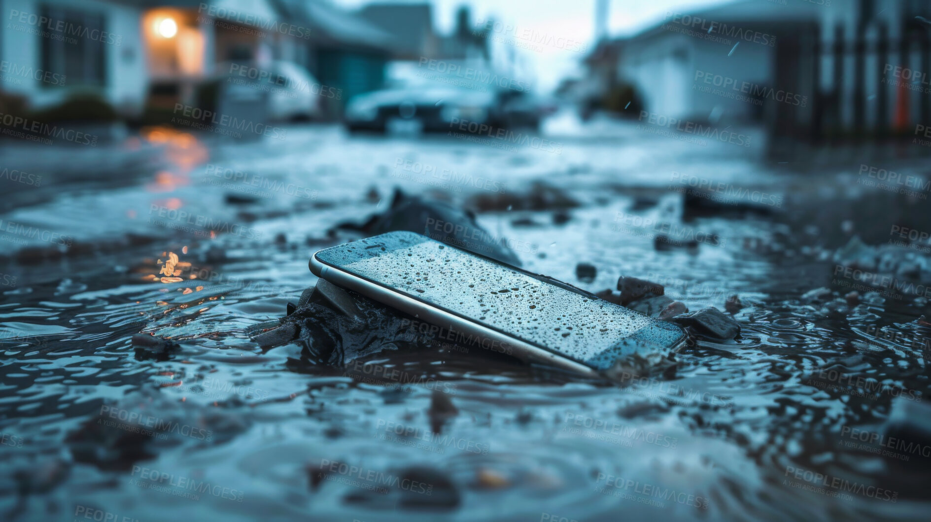 Buy stock photo Broken, natural disaster or water and phone on ground with damage from accident or hurricane. Earth, nature and storm with mobile on street of neighborhood in road of climate change or rain weather