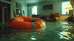 Home, living room and floods from storm or rain in winter weather with damage, life buoy or ring in Texas. Climate change, house and water or hurricane with disaster, emergency and environment crisis