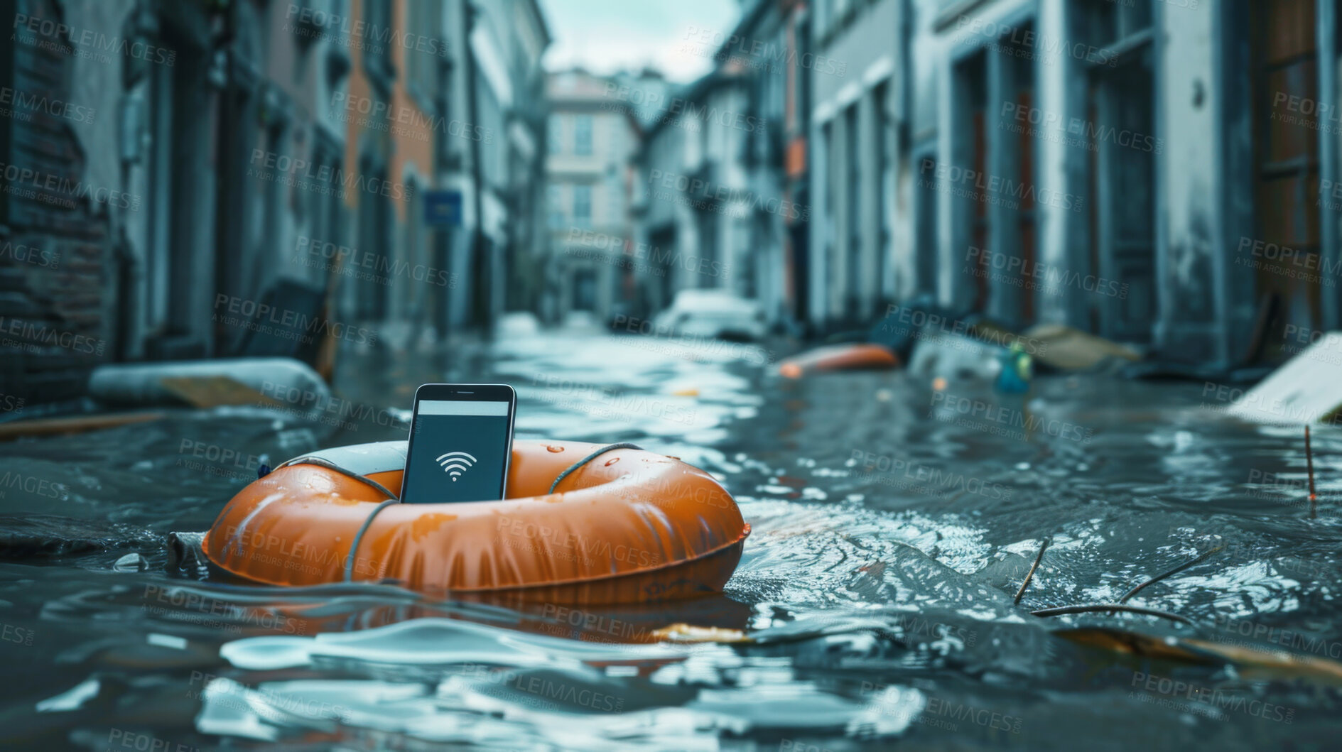 Buy stock photo Street, building and floods from storm or rain in winter weather with damage, life buoy or ring in Texas. Climate change, environment and water or hurricane with disaster, connection issues or crisis