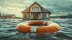 House, natural disaster and floods from storm or rain in winter weather with damage, life buoy or ring in Texas. Climate change, environment and water or hurricane with emergency and crisis.