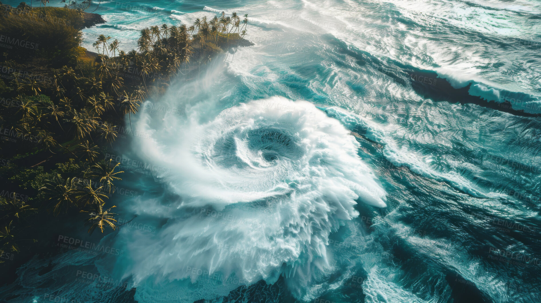 Buy stock photo Sea, typhoon and cyclone as natural disaster or storm clouds for weather emergency, evacuation or land. Whirlwind, environment and climate change crisis in Cuba or tropical, forest or destruction