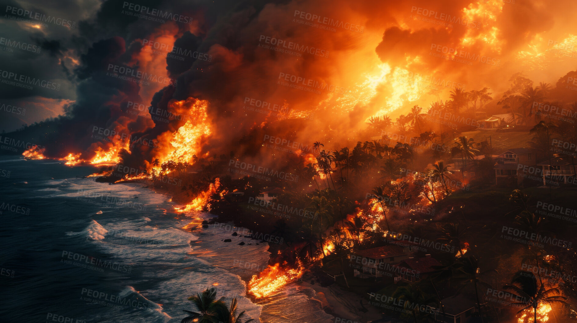 Buy stock photo Smoke, wildfire and pollution with clouds for natural disaster, fire and volcano eruption. Explosion, battlefield and nuclear war bomb for apocalypse, armageddon and destruction with global warming