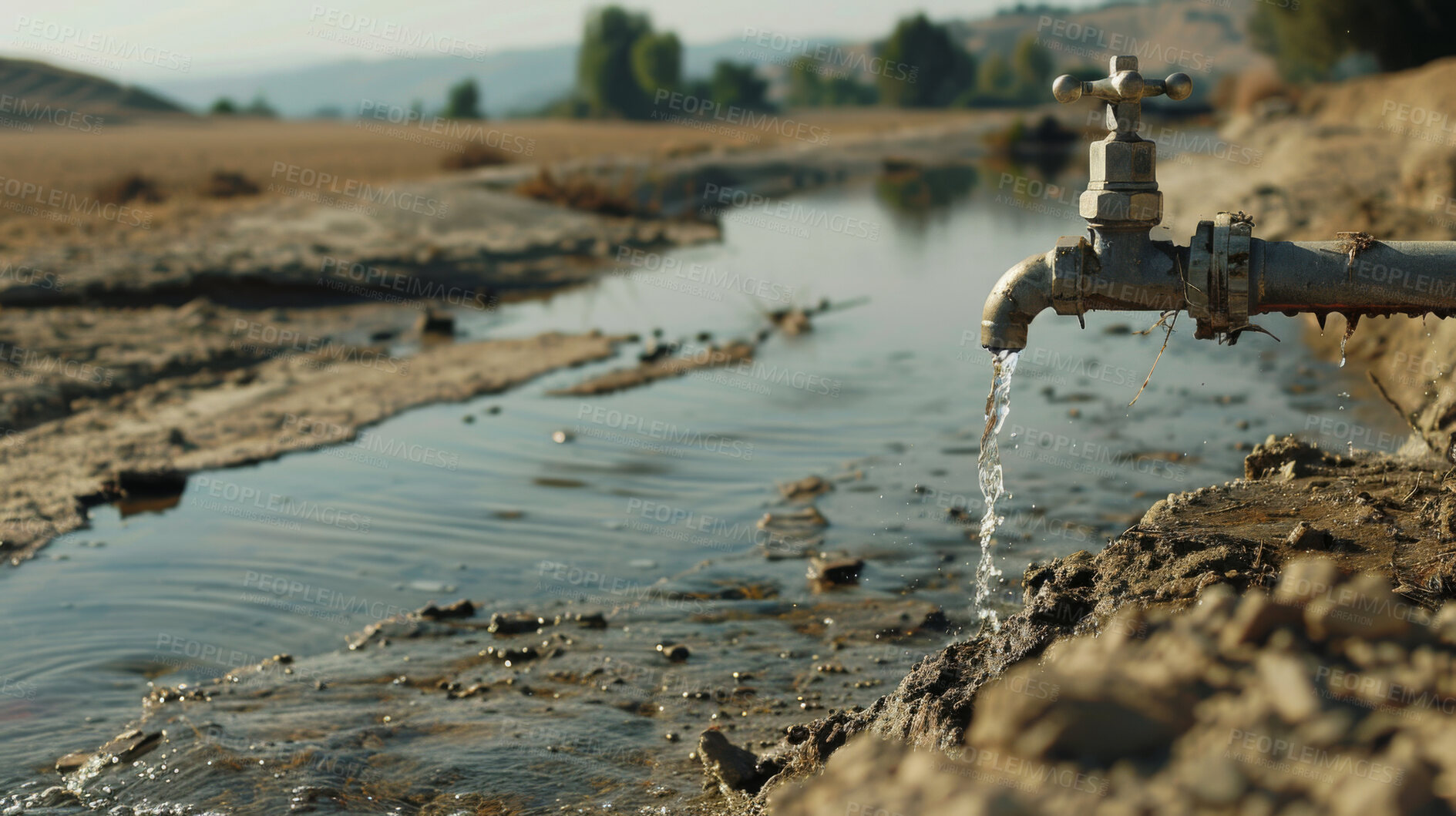 Buy stock photo Tap, water or land in environment, irrigation or ecology of sustainability, climate change or waste. Wallpaper, h2o or nature of earth day, flood or global warming of natural resources as human right