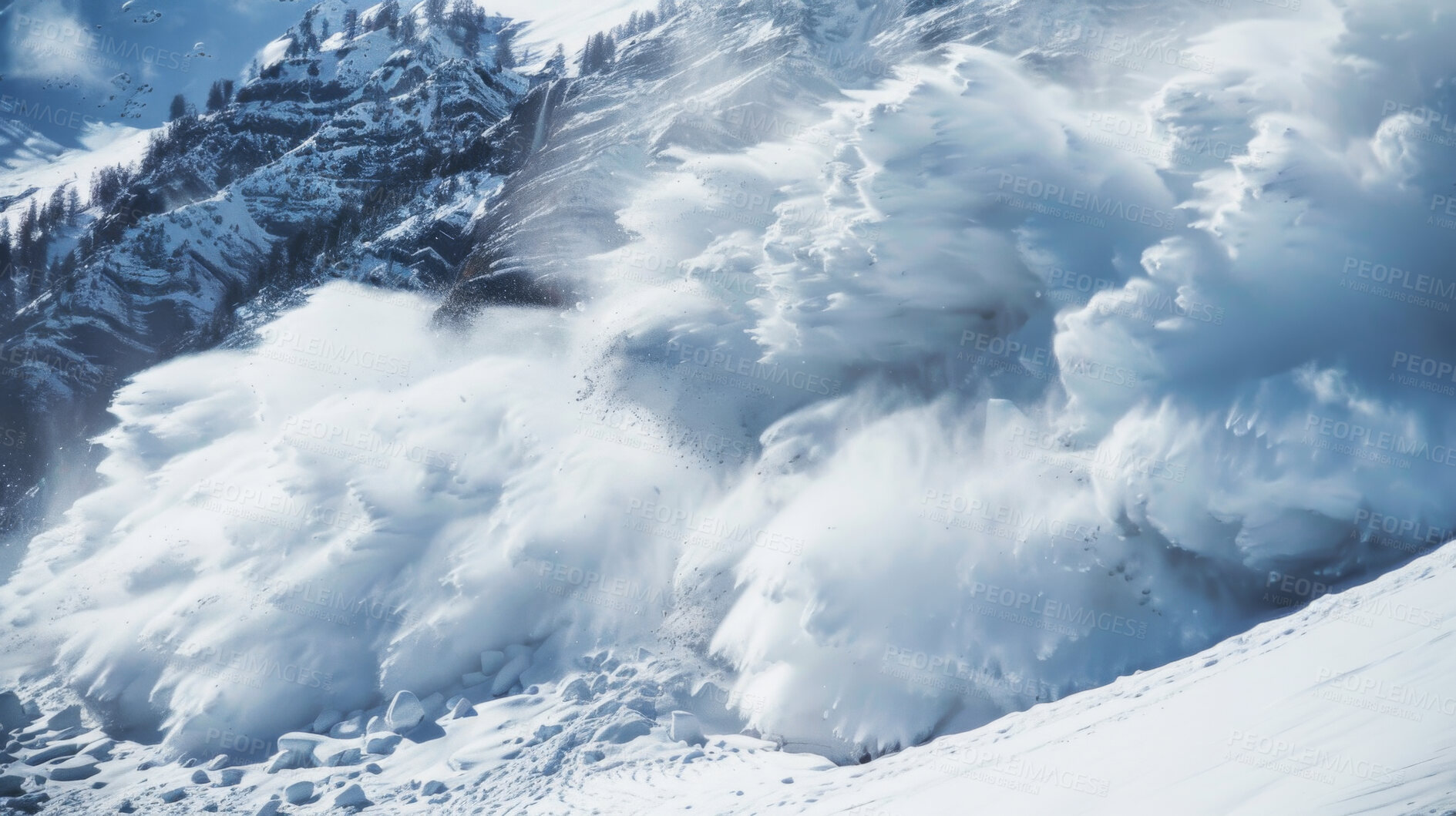 Buy stock photo Snow, avalanche and cloud of ice on mountain with danger in nature, storm or dust from fall of glacier. Climate change, disaster and power of winter ecology and apocalypse in environment on earth