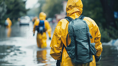 Buy stock photo People, street or rescue in flood, natural disaster or climate change by global warming in city. Road, water or ppe in safety, gear or rain coat as help, support or protection by monsoon tsunami