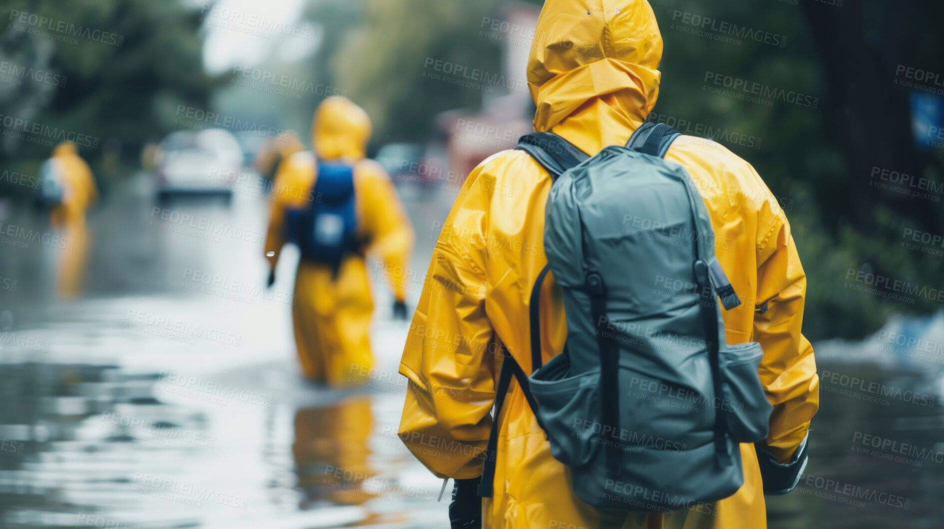 Buy stock photo People, street or rescue in flood, natural disaster or climate change by global warming in city. Road, water or ppe in safety, gear or rain coat as help, support or protection by monsoon tsunami