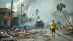 Natural disaster, hurricane and street with destruction of houses, buildings and infrastructure. Debris in road of Florida, USA at peak season with wet weather for climate change and economic impact