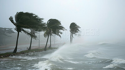 Buy stock photo Wave, tree or beach of flood, climate change or earth day as sustainable, apocalypse or wallpaper. Ocean, palm or wind as global warming, natural disaster or weather as danger,  catastrophe or crisis