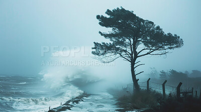 Buy stock photo Wave, tree or flood of climate change, shore or earth day as sustainable, apocalypse or wallpaper. Tsunami, field or global warming as natural disaster, weather or danger by catastrophe or crisis