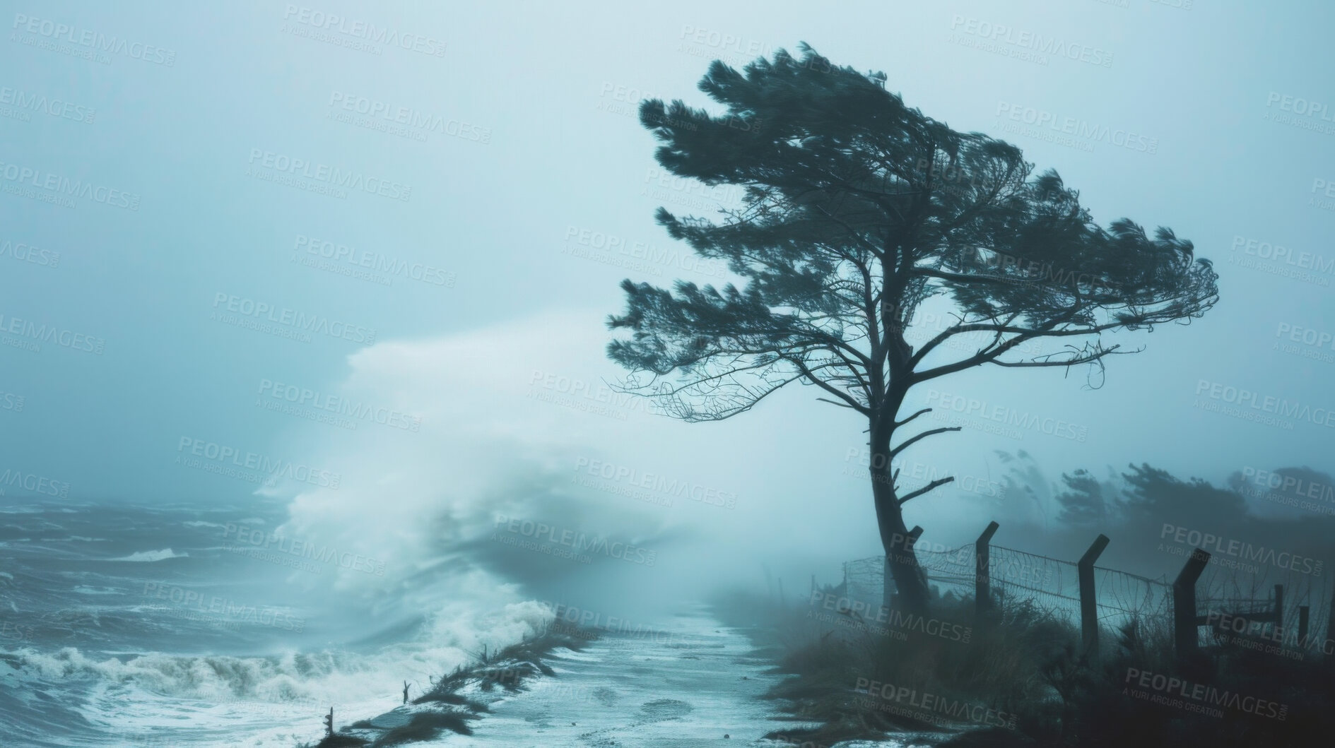 Buy stock photo Wave, tree or flood of climate change, shore or earth day as sustainable, apocalypse or wallpaper. Tsunami, field or global warming as natural disaster, weather or danger by catastrophe or crisis