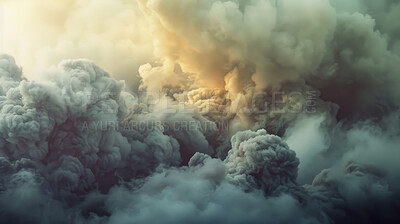 Buy stock photo Explosion, pollution and abstract with smoke of fire for nuclear danger, clouds or destruction. Global warming, toxic gas and disaster with smog for climate change, warning or chemical damage in Iran