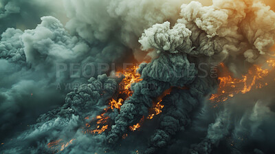 Buy stock photo Smoke, fire and pollution with clouds for natural disaster, wildfire and volcano eruption. Explosion, battlefield and nuclear war bomb for apocalypse, armageddon and destruction with global warming