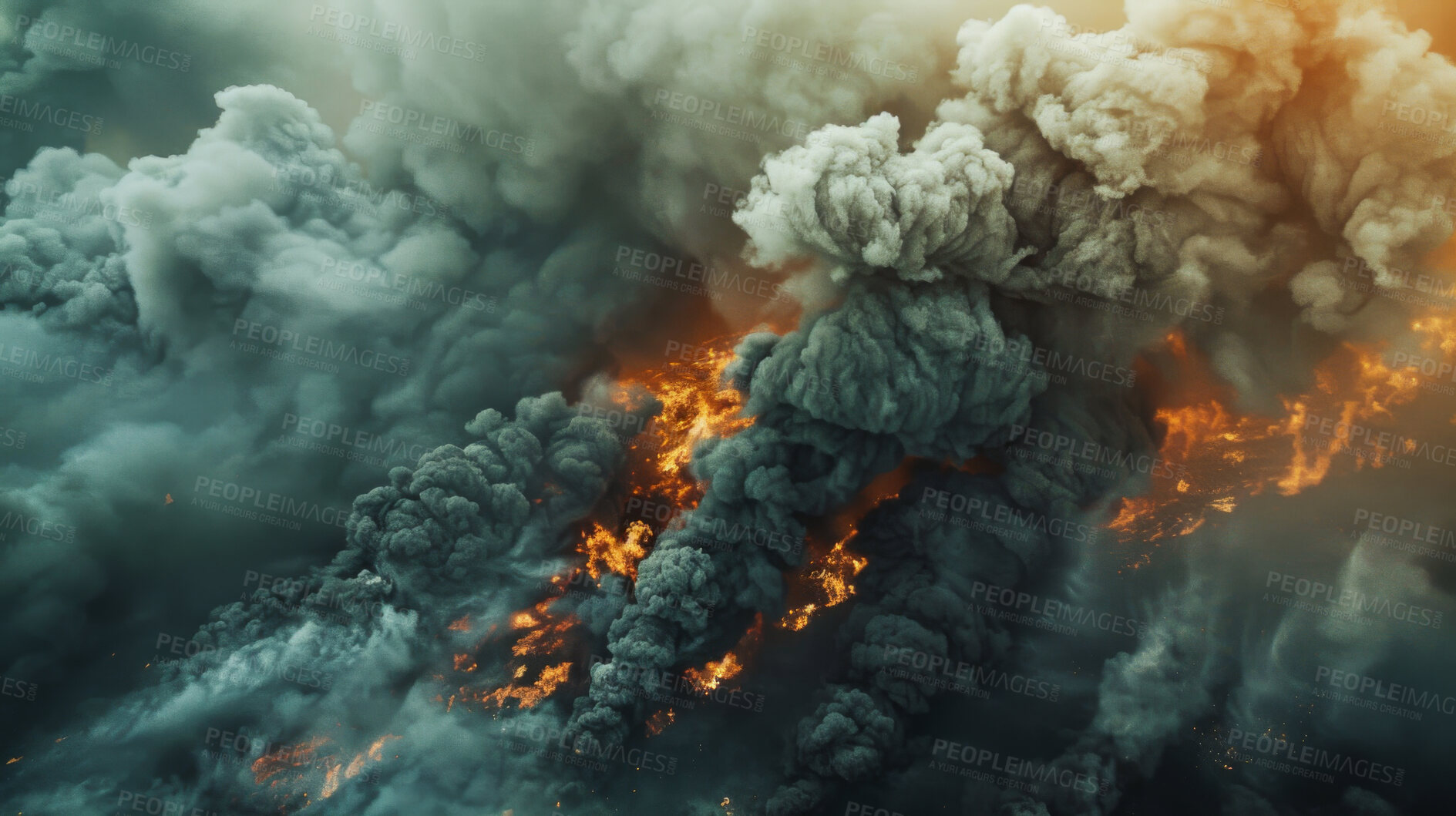 Buy stock photo Smoke, fire and pollution with clouds for natural disaster, wildfire and volcano eruption. Explosion, battlefield and nuclear war bomb for apocalypse, armageddon and destruction with global warming