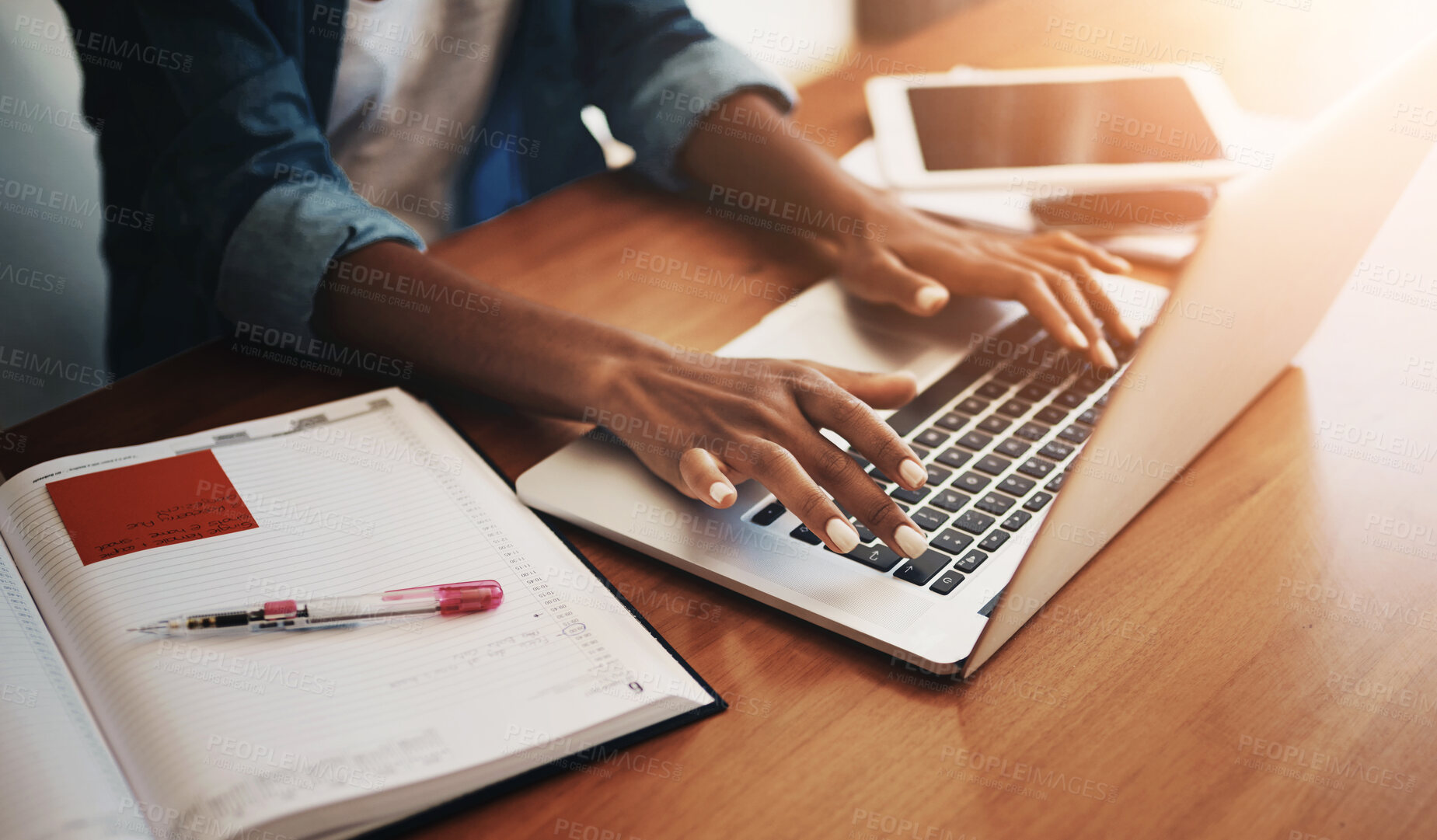 Buy stock photo Woman hands, typing and laptop with work from home and learning notes. Student, female person and computer working with paperwork, notebook and writing in a house doing web research with mockup