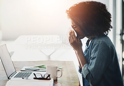 Buy stock photo Woman, computer and sick in home with tissue for Covid, laptop for creative job or email marketing. African person, bacteria and remote work for social media with cloth in house, allergy or flu virus