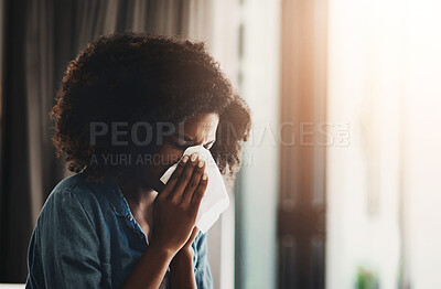 Buy stock photo Black woman, sick and sneeze with tissue for allergy season, sinus problem and fever in home. African lady, toilet paper and blowing nose for allergies with congestion, healthcare and medical crisis