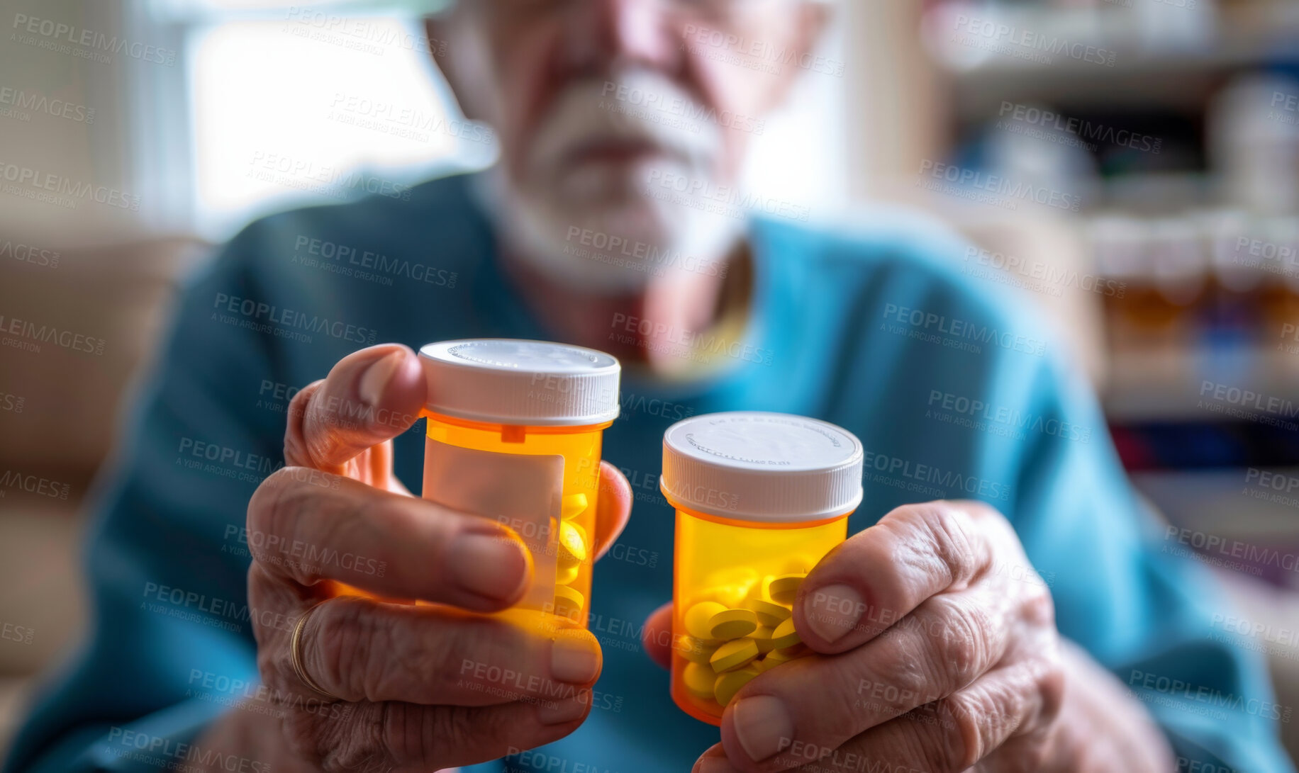 Buy stock photo Hands, senior man and drugs in bottle for recovery, pills and vitamins for healthcare in nursing home. Male person, healing and tablets or cure for illness, dose and remedy for flu or cold and virus