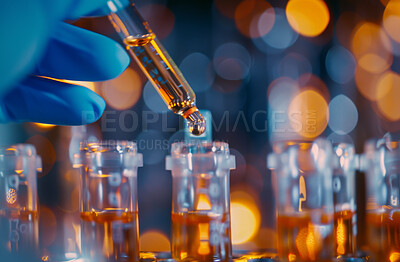 Hand, dropper and tube with drug, development and laboratory research for medicine or healthcare. Glass, science and discovery for life extension, biotechnology and pharmaceutical chemistry for study
