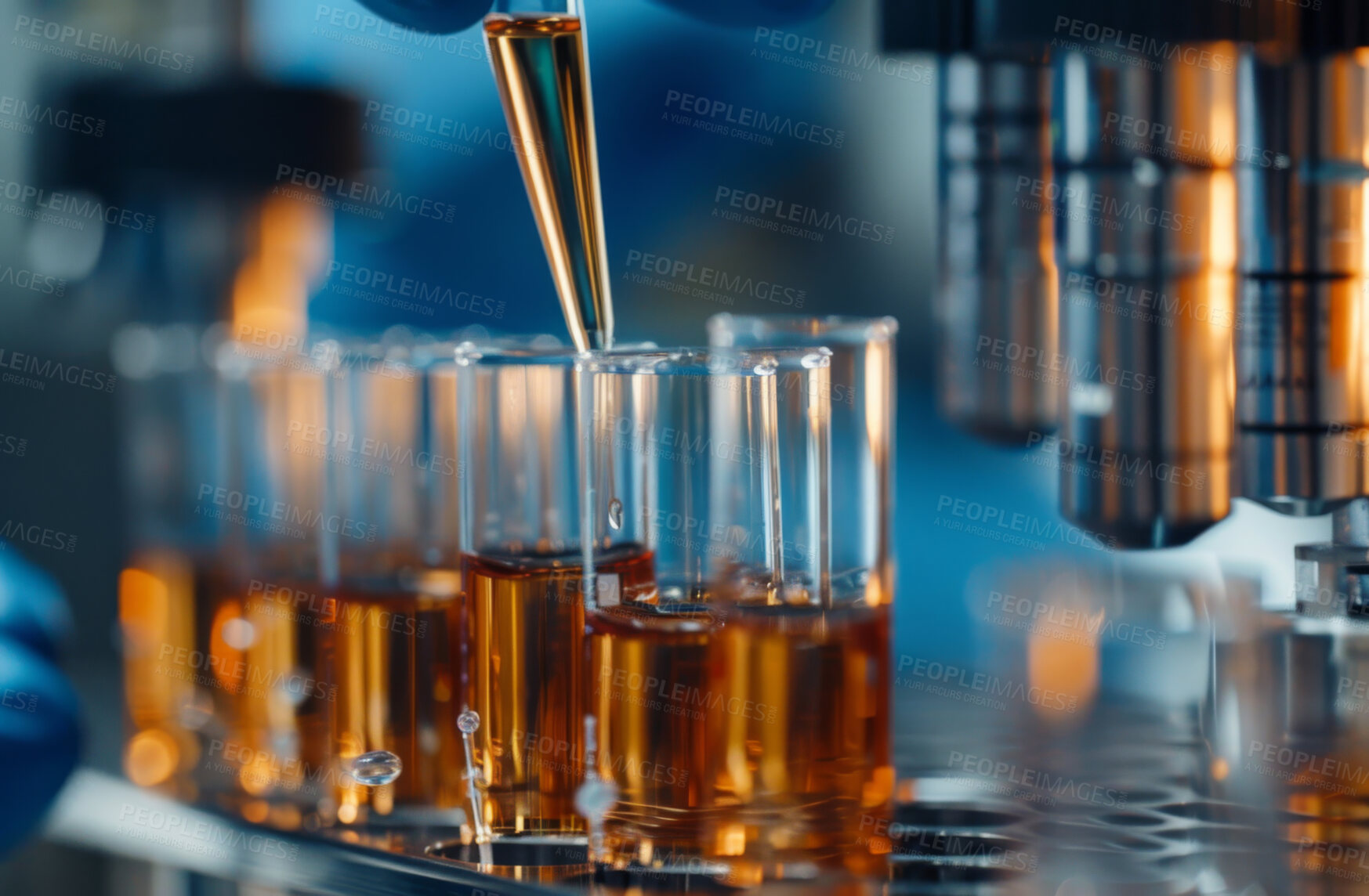 Buy stock photo Dropper, test and tube with drug, development and laboratory research for medicine or healthcare. Glass, science and discovery for life extension, biotechnology and pharmaceutical chemistry for study
