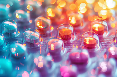 Buy stock photo Pills, color or medicine for gene editing, longevity or biohacking for anti aging with supplements. Healthcare, medical help and dose for tissue engineering, care or nanotechnology for life extension