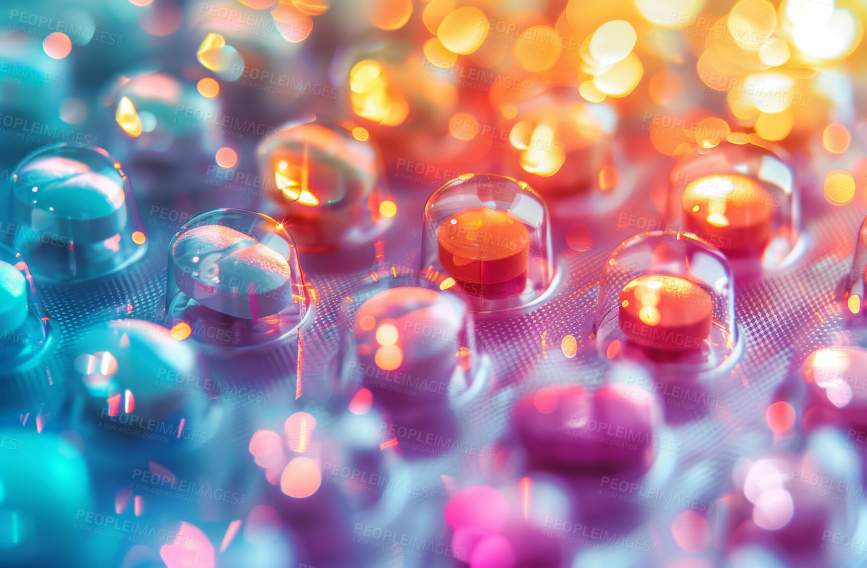 Buy stock photo Pills, color or medicine for gene editing, longevity or biohacking for anti aging with supplements. Healthcare, medical help and dose for tissue engineering, care or nanotechnology for life extension