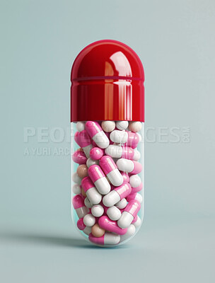 Buy stock photo Medication, container and pill capsules in studio for weightloss, recovery or sickness medicine. Vitamins, healthcare and medical tablets for life extension drugs isolated by gray background.