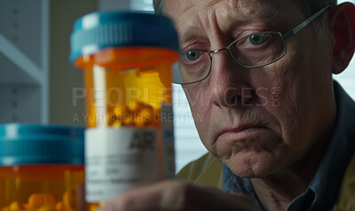 Home, sad and old man with pills, depression and cancer medication with retirement and wellbeing. Pensioner, senior person and patient with bottles, illness and tablets for cure with anxiety and pain