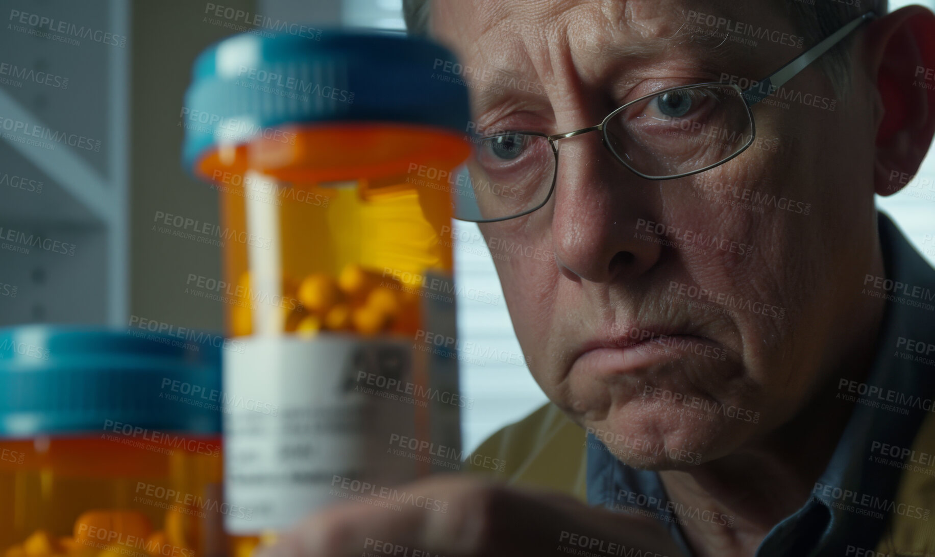 Buy stock photo Home, sad and old man with pills, depression and cancer medication with retirement and wellbeing. Pensioner, senior person and patient with bottles, illness and tablets for cure with anxiety and pain