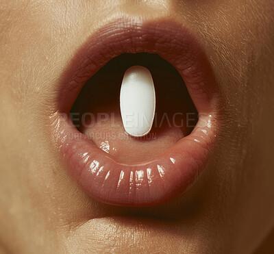 Tongue, pill and cure for health in mouth, drugs and vitamins for healthcare or recovery. Closeup of person, healing and tablets or antibiotics for illness, dose and remedy for flu or cold and virus