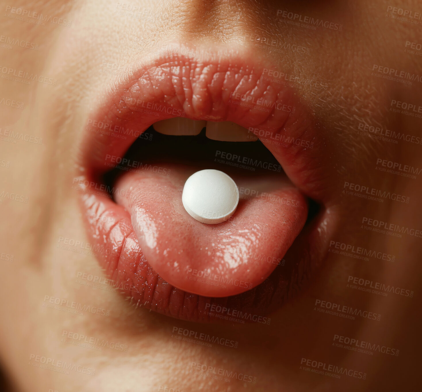 Buy stock photo Tongue, pill and dose for health in mouth, drugs and vitamins for healthcare or recovery. Closeup of person, healing and tablets or antibiotics for illness, sick and remedy for flu or cold and virus