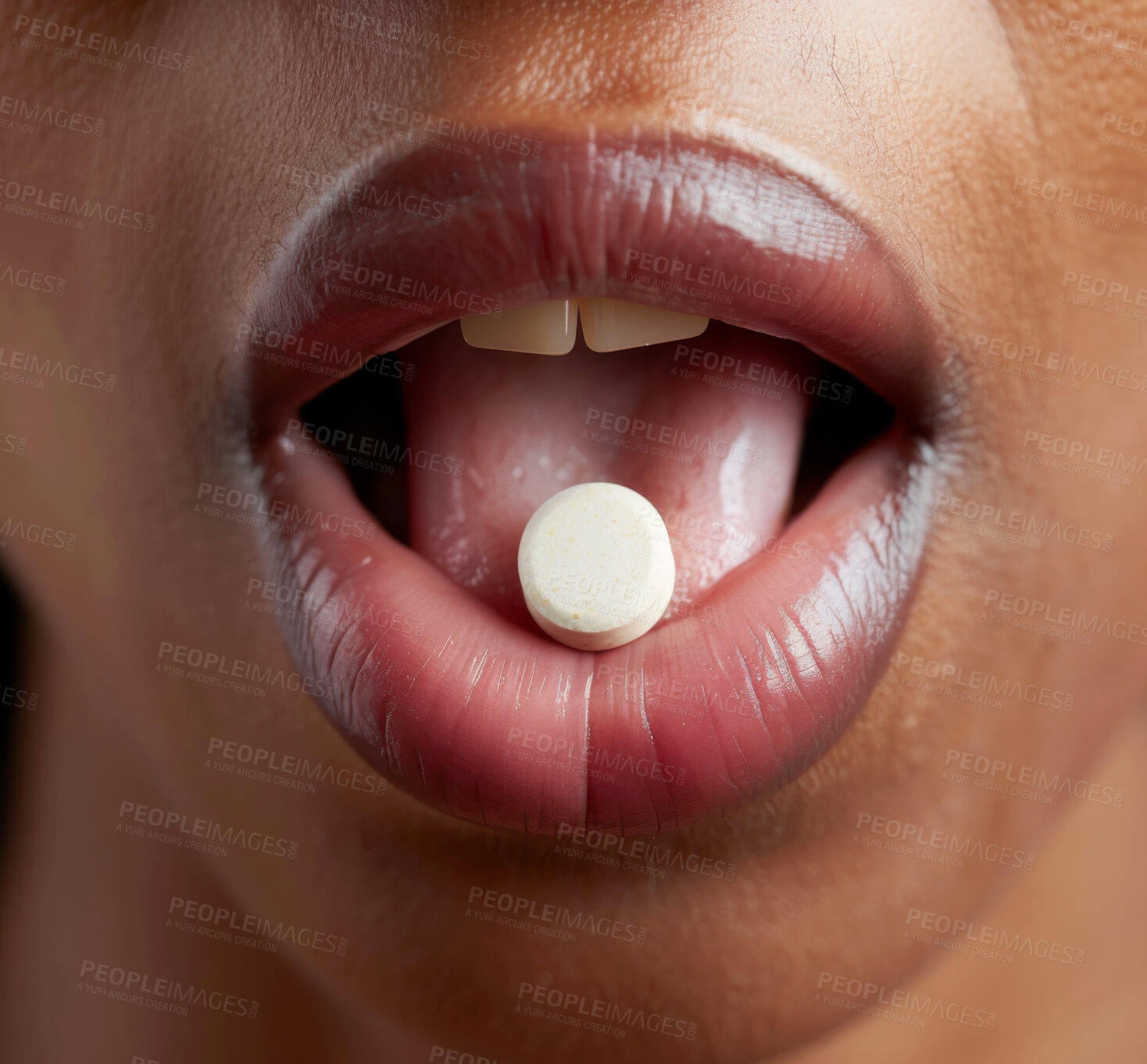 Buy stock photo Tongue, pill and cure for illness in mouth, drugs and vitamins for healthcare or recovery. Closeup of person, healing and tablets or antibiotics for disease, dose and remedy for flu or cold and virus