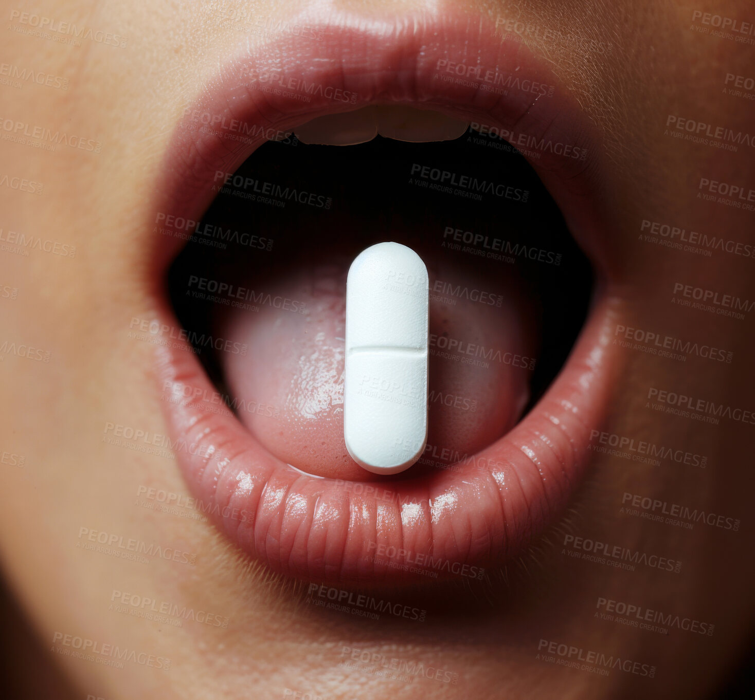 Buy stock photo Tongue, pill and cure for pain in mouth, drugs and vitamins for healthcare or recovery. Closeup of person, healing and tablets or antibiotics for illness, dose and remedy for flu or cold and virus