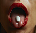 Tongue, pill and cure for sick in mouth, drugs and vitamins for healthcare or recovery. Closeup of person, healing and tablets or antibiotics for illness, dose and remedy for flu or cold and virus