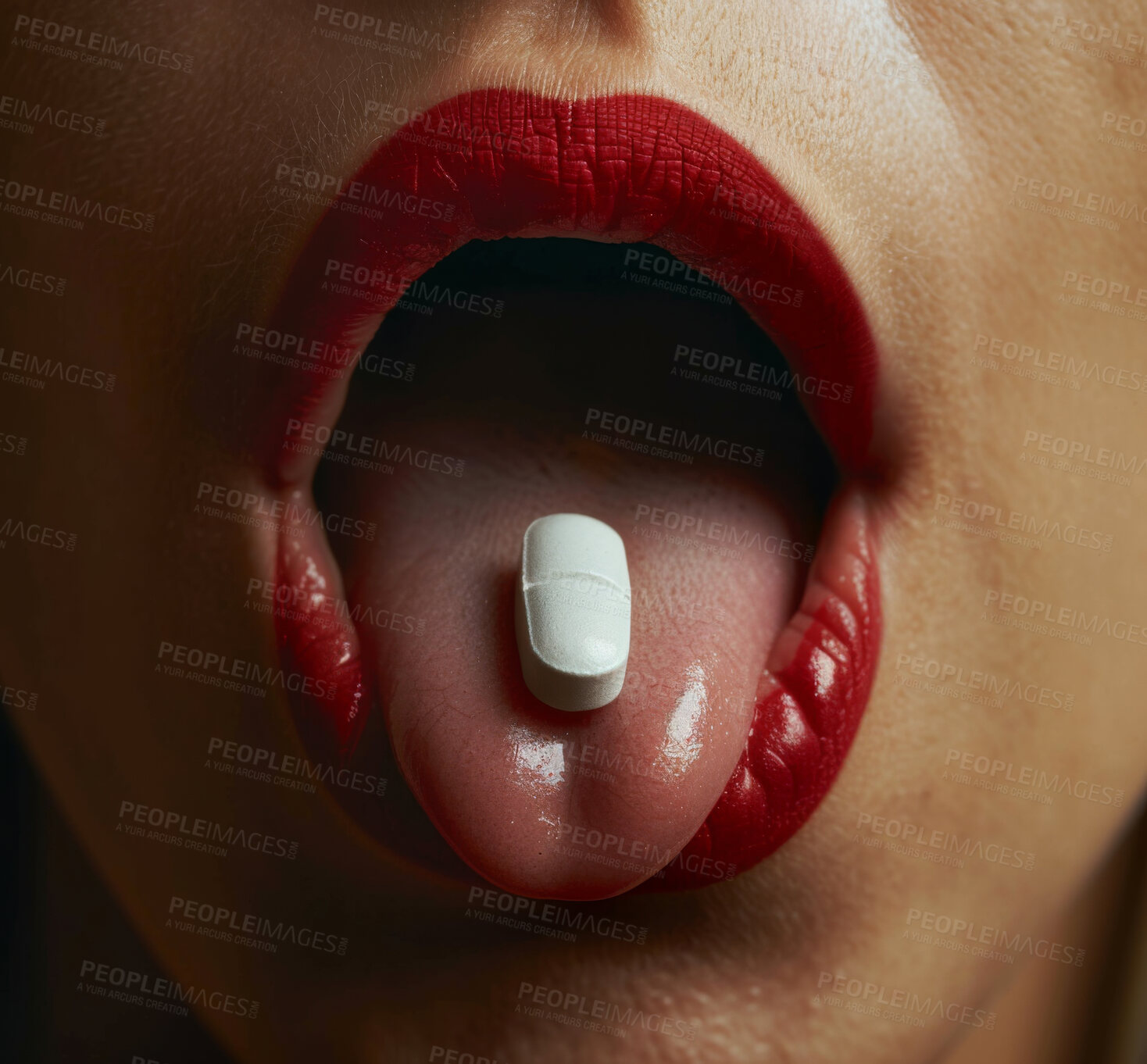 Buy stock photo Tongue, pill and cure for sick in mouth, drugs and vitamins for healthcare or recovery. Closeup of person, healing and tablets or antibiotics for illness, dose and remedy for flu or cold and virus