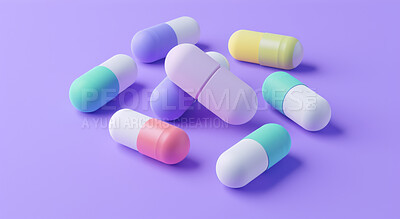 Buy stock photo Studio, medicine and healthcare with pills for vitamins, supplement and healing support. Healthy, tablets and colorful drugs with capsule for medical help, treatment and cure on purple background