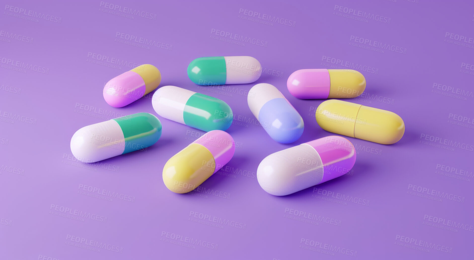 Buy stock photo Studio, healthcare and medicine with colorful pills for supplement, treatment and adhd support. Healthy, capsules and drugs with vitamins for help, wellness and medical healing on purple background