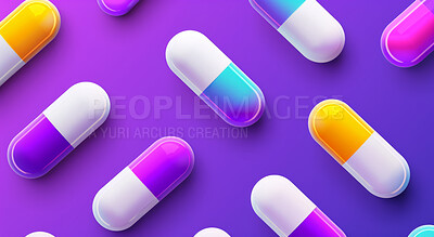 Pills, color and tablets for healthcare, medical and pharmacy with research, prescription antibiotic or disease on purple studio background. Vitamin, drug use and overdose with medicine or treatment