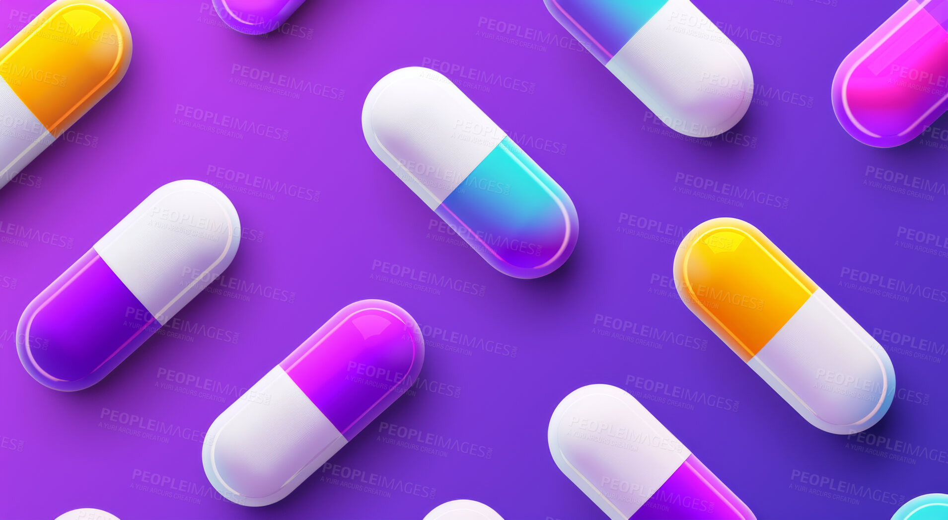 Buy stock photo Pills, color and tablets for healthcare, medical and pharmacy  with research, prescription antibiotic or disease on purple studio background. Vitamin, drug use and overdose with medicine or treatment