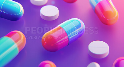 Buy stock photo Healthcare, pills and medicine or supplement products for mental health, chronic illness or cancer. Medication, pharmaceutical drugs and nutrition for wellness and prescription medical treatment