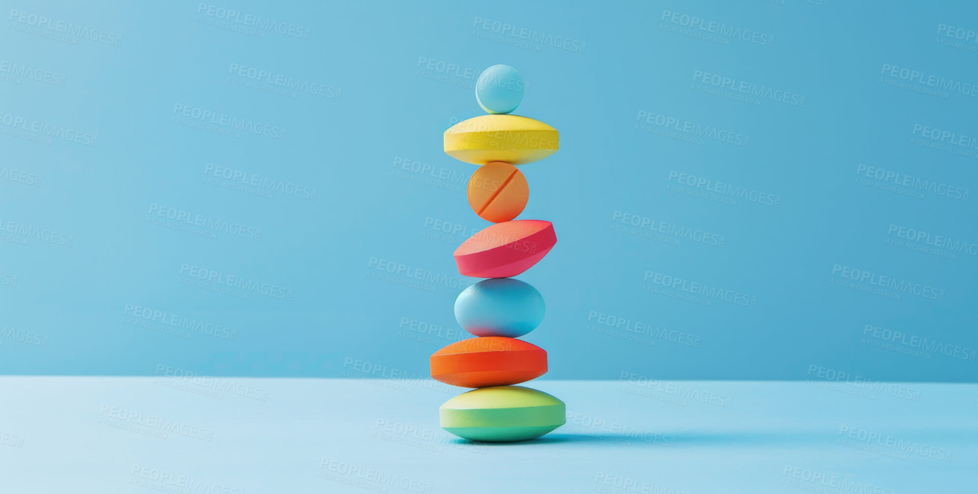 Buy stock photo Medicine, healthcare and stack of pills in studio for life extension drugs, healing or recovery. Color, medical and line of tablets or medication for weightloss by blue background with mockup space.