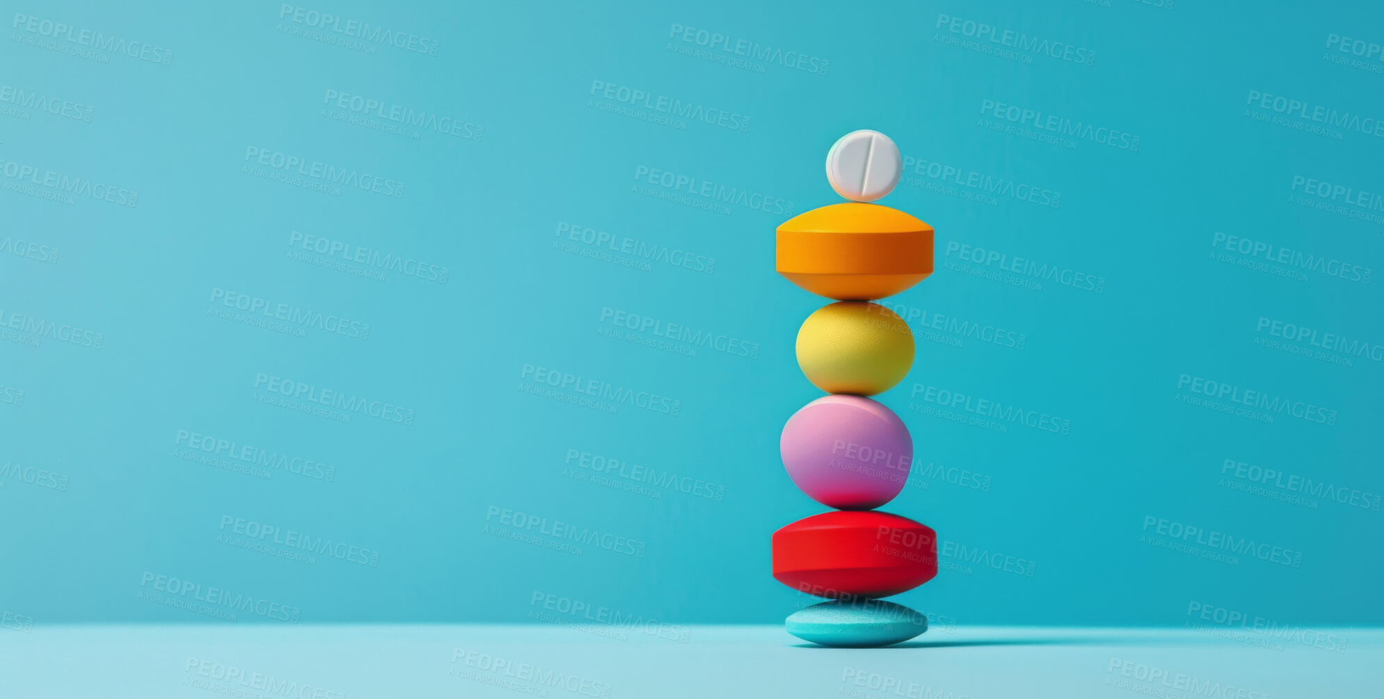 Buy stock photo Medication, medical and stack of pills in studio for life extension drugs, healing or recovery. Color, healthcare and line of tablets or medicine for weightloss by blue background with mockup space.