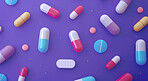 Pills, healthcare and tablets with colour, medicare and capsules on purple studio background. Drug addiction, overdose or research for cancer study, treatment and pharmacy with vitamins or painkiller