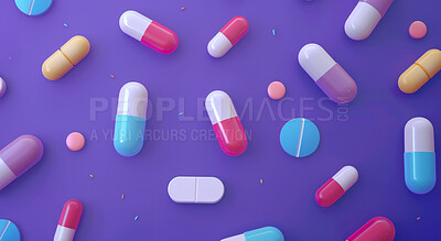 Pills, healthcare and tablets with colour, medicare and capsules on purple studio background. Drug addiction, overdose or research for cancer study, treatment and pharmacy with vitamins or painkiller